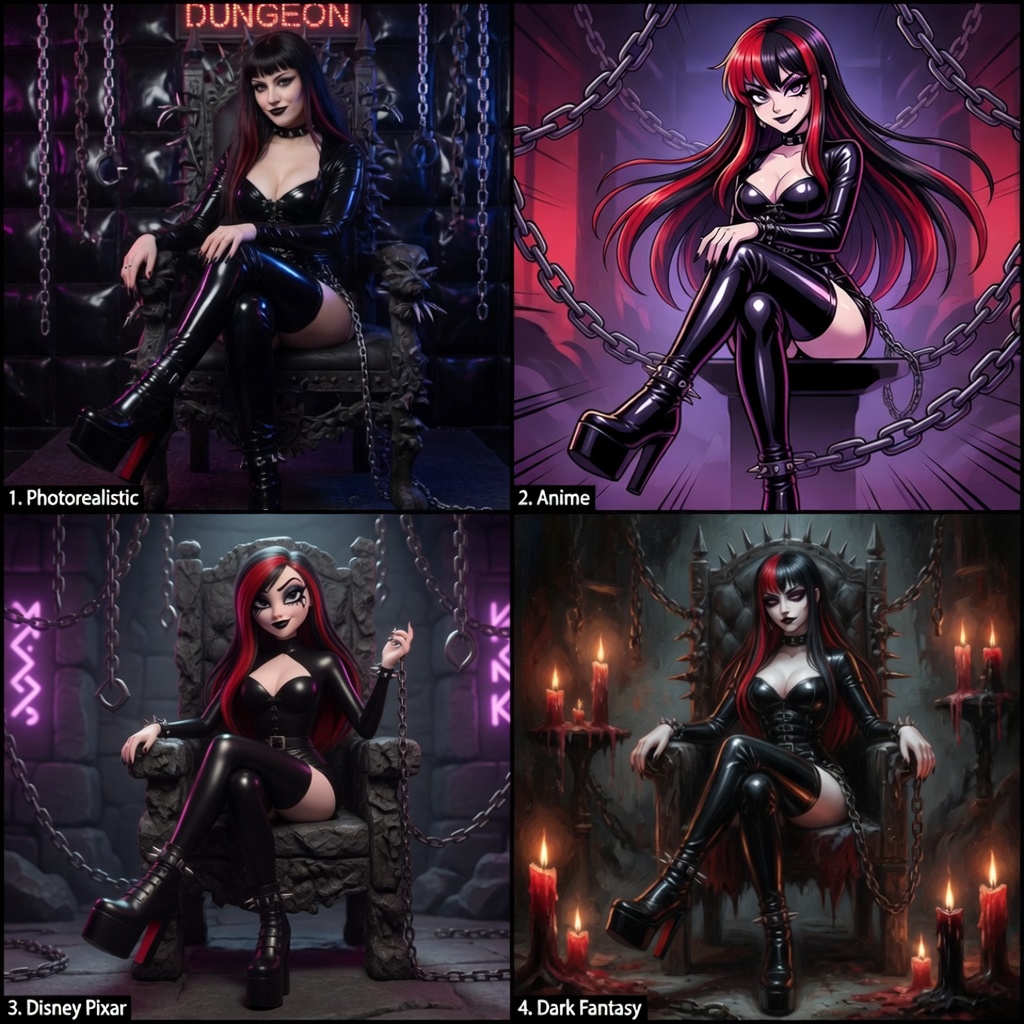 Four artstyle variations: Photorealistic, Anime, Disney Pixar, Dark Fantasy